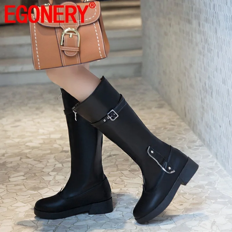 

EGONERY winter new concise knee high boots outside comfortable mid heels round toe zipper women shoes drop shipping size 32-43