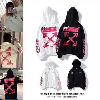 

OFF OW WHITE rendering graffiti pink arrow men and women couple autumn and winter hooded plus fleece sweater jacket