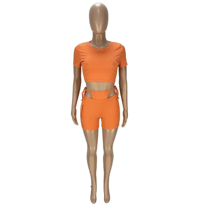 Women Solid Sexy Hollow Out 2 Two Piece Set O-Neck Short Sleeve Crop Tops Biker Shorts Casual Clothes Sporty Activewear Outfits