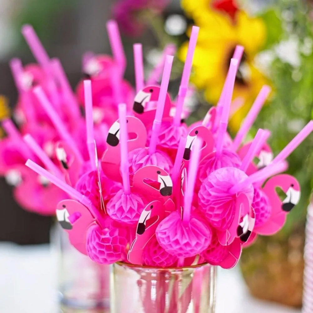 

100PCS 3D Flamingo Pink Jungle Paper Drinking Straws Summer pool Straw Birthday Wedding Party Decorations Adult Flamingo Straws