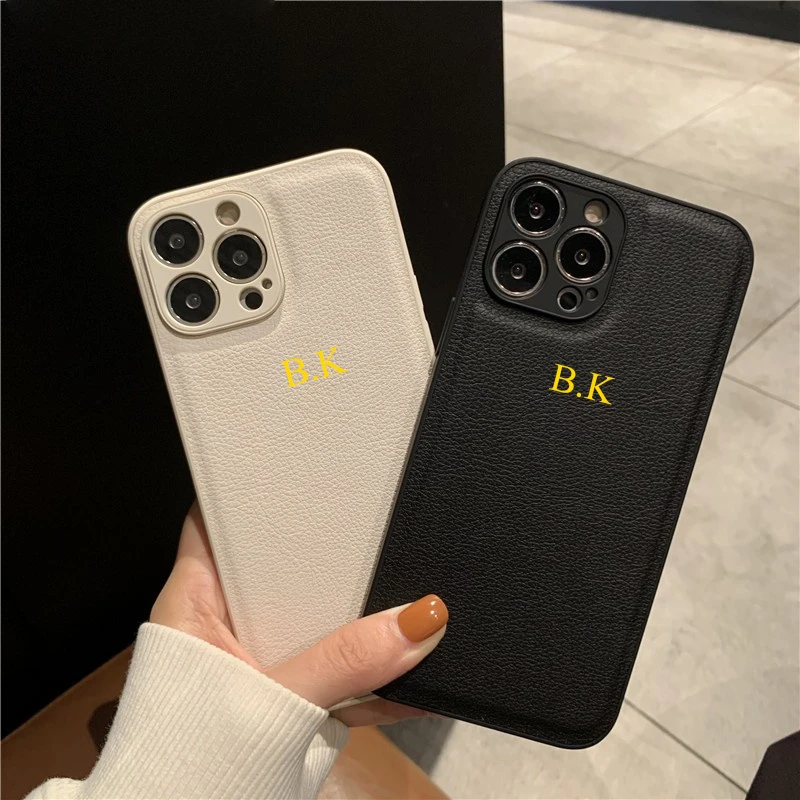 magsafe amazon Korea Personalise Name Letters Leather PU Soft Phone Case For iPhone 13 12 11 Pro X XS Max XR 7 8 Plus Luxury Plain Back Cover apple mag charger