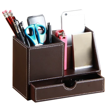 

Sundries Desktop Organizer Office With Drawer Pen Holder Large Capacity Storage Stationery Pencil Cup PU Leather School Solid
