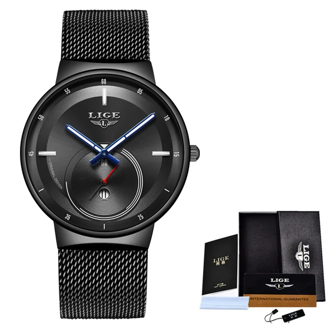 Новинка, дизайн, синие кварцевые часы LIGE, мужские часы, Топ бренд, роскошные часы, Мужские Простые полностью стальные водонепроницаемые наручные часы - Цвет: Black silver black