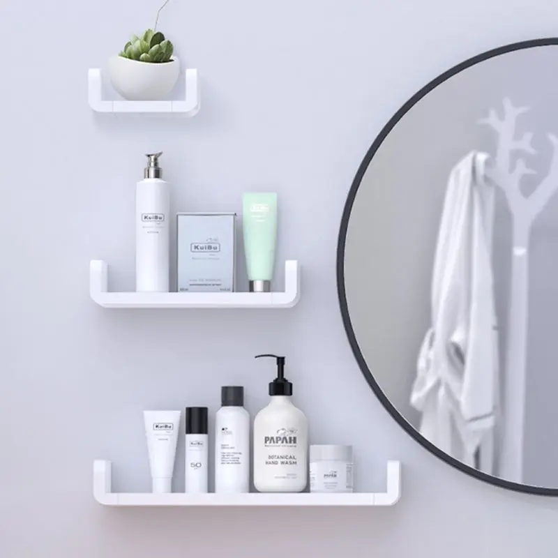 U Shape Wall Mounted Bathroom Wall Shelf Suction Floating Rack Storage Organizer