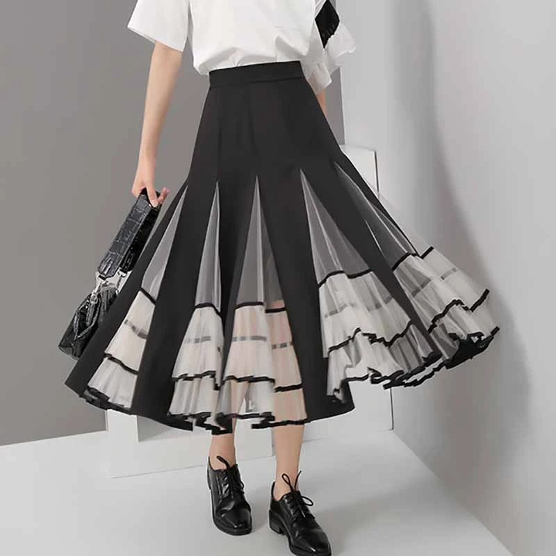 

[YaLee] New Fashion 2019 Summer Autumn Contrast Color High Waist Zipper Stitching Mesh Pleated A-line Half-body Skirt Women N069