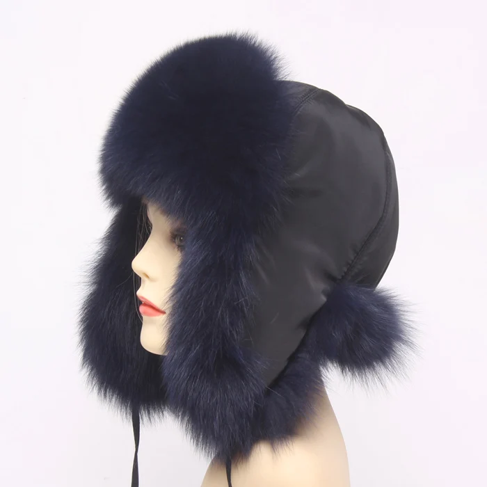 Hot Sale Genuine Fox Fur Hat Russian Women Real Fur Caps Bomber Hats 100%Natural Fox Fur Caps Fashion Fur Hat Retail wholesale - Цвет: dark blue