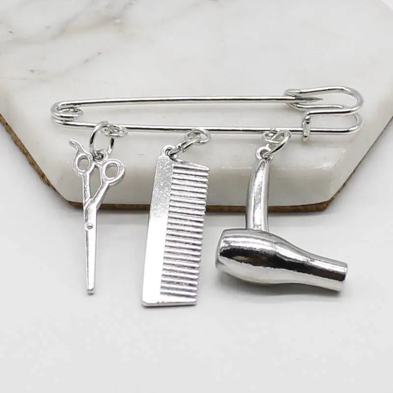 Creative hair stylist popular jewelry hairdressing scissors comb pendant wash and blow brooch
