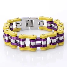 Нержавеющая сталь фиолетовый и желтый Гальванизированный велосипед мотоцикл цепь Мужская Панк мото крутые цепи браслет в стиле хип-хоп 21 см* 1,6 см