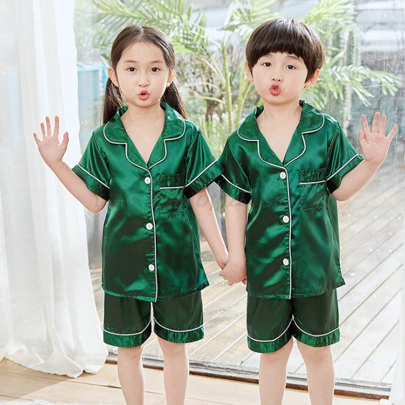 Cotton Pajamas Set Summer Short Sleeve Pink Satin Silk Pajama Sets Toddler Girls Clothing Sets Sleepwear Kids Girl Pijama for 2-14Years