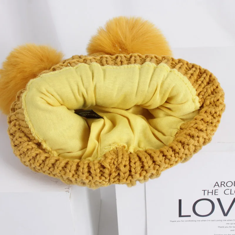 Children Hats Warm Winter Hats For Kids Double Pompom Hat Cartoon Knitted Beanie Boys Girls Fur Pom Pom Cap baby muts