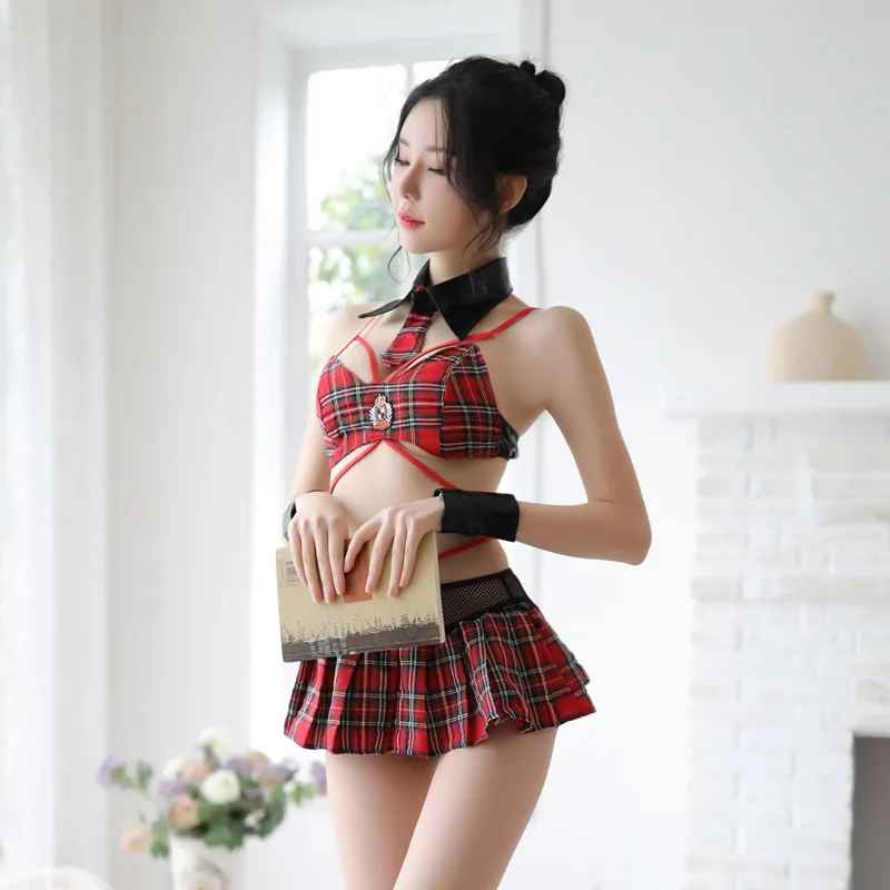 

Sexy Cosplay School Girl Uniform Japanese Style Truant Girl Cross Straps Bra Top Mini Pleated Plaid Skirt Underwear Lingerie Set