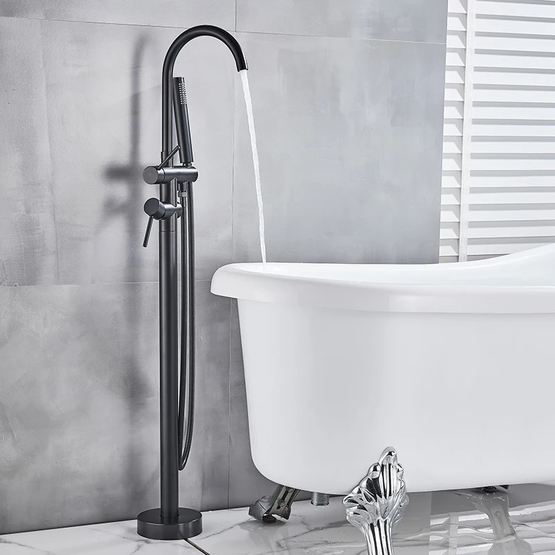 Description Picture 2 of itemSHBSHAIMY Brushed Golden Bathtub Floor Stand Faucet Mixer Single Handle Tap Two Function 360 Rotation Spout With ABS Handshower