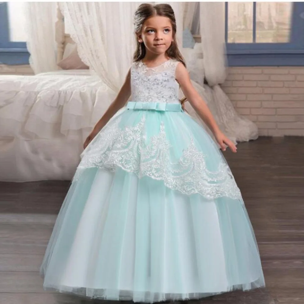 Кружевная вышитая юбка свадебное платье принцессы элегантная аппликация платье подружки невесты для девочек вечерние платье на год; вечернее платье для игры на фортепиано для костюма для девочек