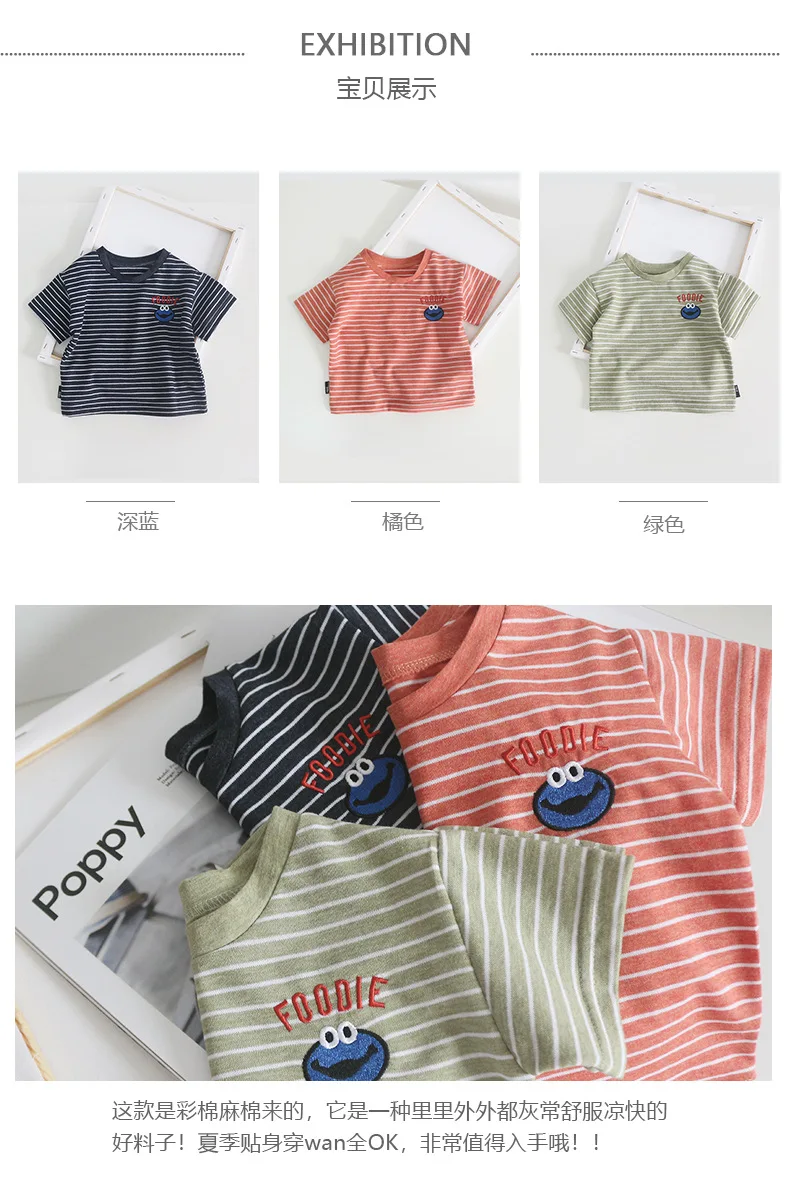 Chen Mom Summer Short Sleeve T-shirt 1-3-5-Year-Old Children Hemp Cotton Half Sleeve Tops Infants Child Cartoon Loose-Fit Stripe