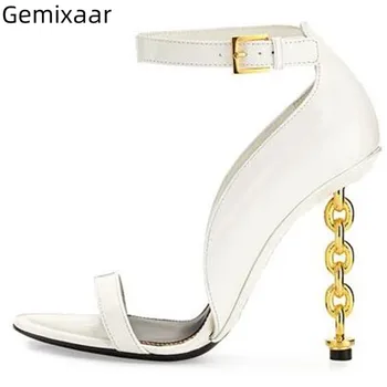 

Concise One Strap Sandals Woman Strange Metal Chain High Heel Cover Heel Ladies Party Sandalias Comfy Real Leather Woman Sandals
