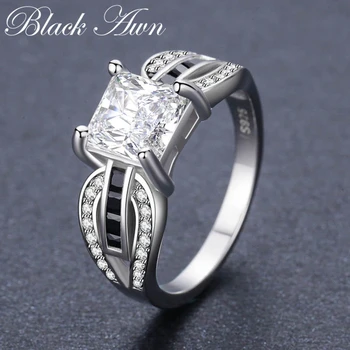 

Hyperole 3.9g 925 Sterling Silver Fine Jewelry Geomentric Bague Black Spinel Engagement Rings for Women Bijoux C489