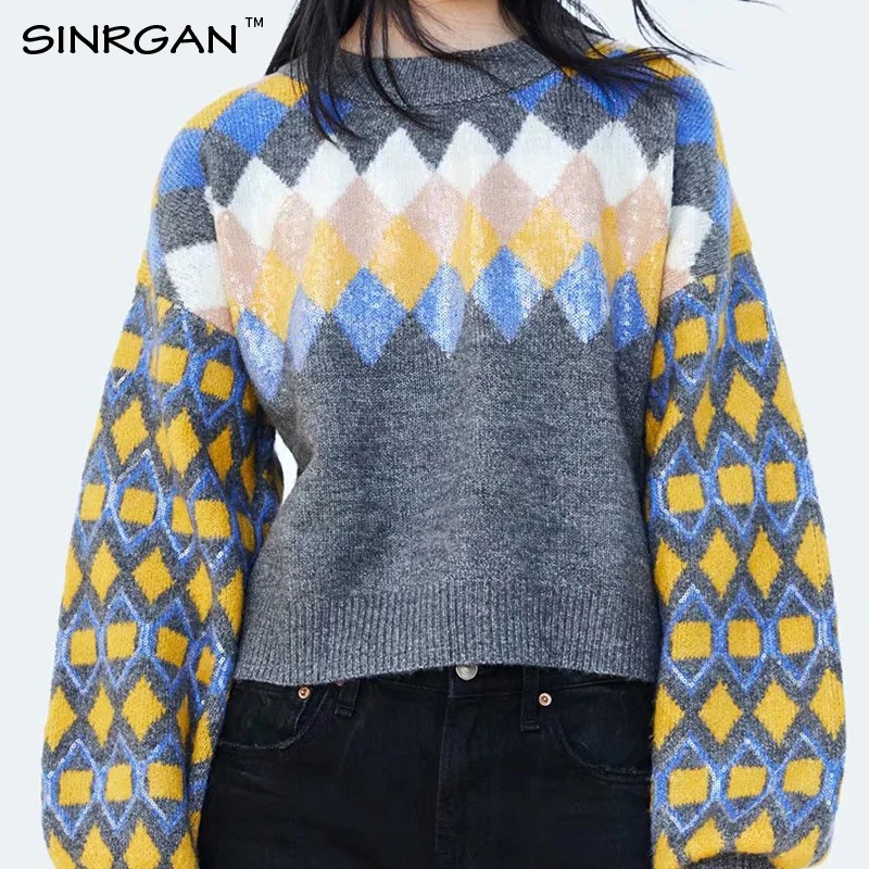 

SINRGAN Geometric O Neck Knitted Sweater 2019 Autumn Winter Fashion Female Pullover Warm Thicken Tops