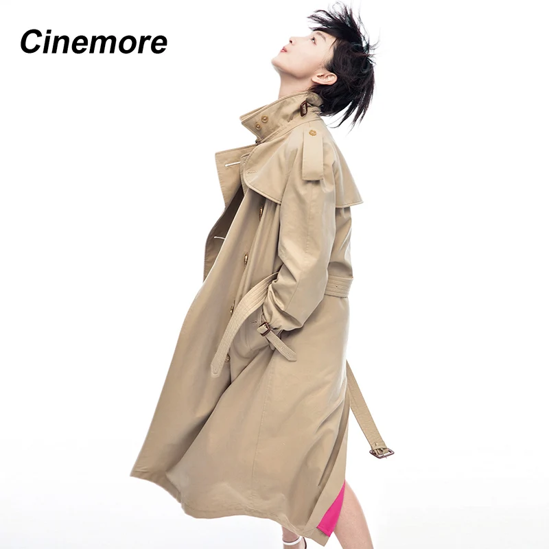 CINEMORE 2020 Женский длинный двубортный тренчкот из хлопка водонепроницаемый