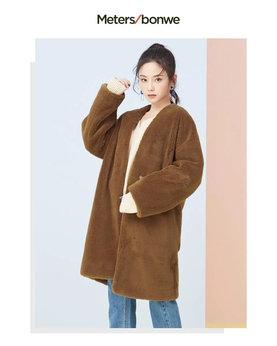 Metersbonwe зимнее теплое плюшевое плотное пальто искусственный мех вязаный кардиган толстого размера плюс Однотонное шерстяное пальто для женщин