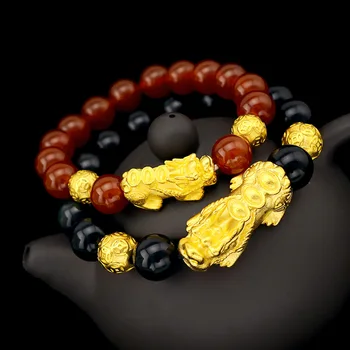 

Fashion 18K Gold Bracelet for Couple's Lucky Brave Bracelet for Men Women Agate Bracelet Black Charms Anniversary Jewelry Gifts