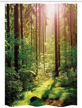 

Forest Stall Shower Curtain Forest in Spring Time Sunset Moss Woods Leaf Wilderness Fantasy Magical View Print Fabric Bathroom