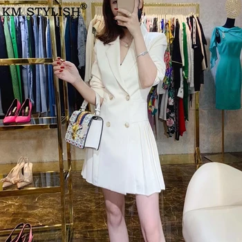 

Elegant Women's Blazer Dress Clothes Turn-down Collar Double Breasted White Bodycon Female Short Dress Office Ladies Vestidos
