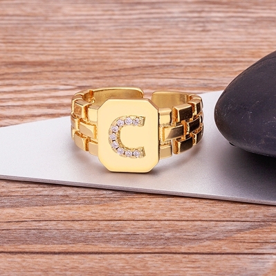 Arrival Fashion Gold Color Initial Ring Open Design Adjustable Hot Sale Watchband Chain A-Z Letters Zircon Rings For Women