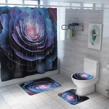 

Bathroom Shower Curtain Set Lotus Flowers Pattern Waterproof Anti Slip Pedestal Rug Toilet Cover Bath Mat Set for Bathroom DW071