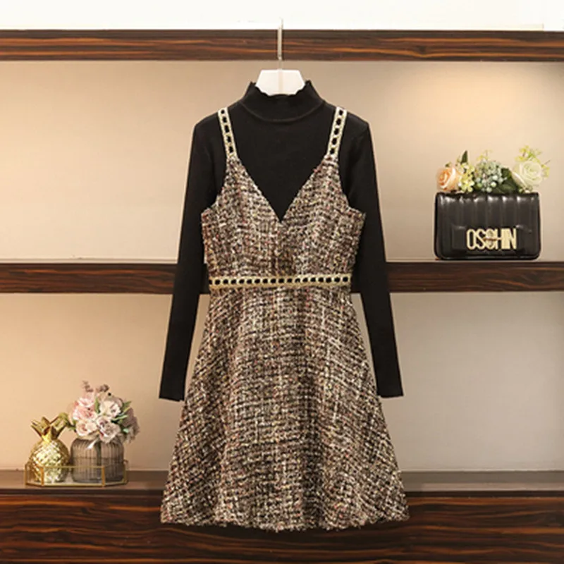 

2020 Plus Size Fashion Chic Tweed Short Dress Sweater Pullover + Fall Winter Women V-Neck Strap Dress OL Work Dress 2 Piece Set