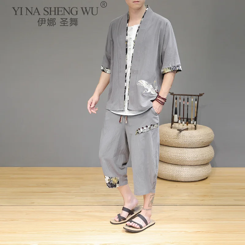 Japanese Style Kimono Suit Traditional Embroidery Men Clothing Jacket Male Pants Samurai Costume | Тематическая одежда и