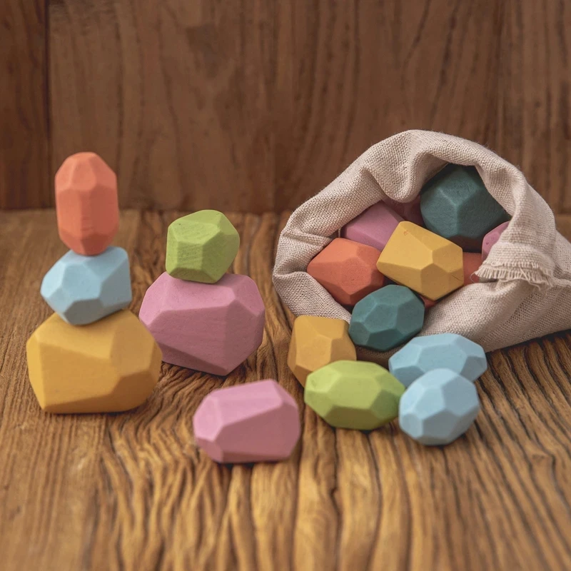 Wood Rainbow Stones Block Colorful Wooden Building Block Rainbow Stacker Balancing Stone Montessori Educational Toy Children