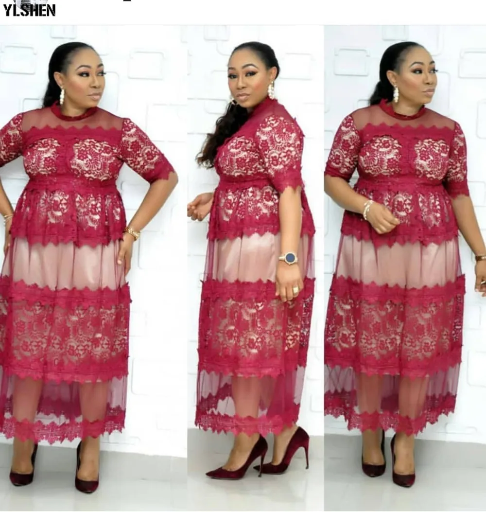 High Quality Elegant African Women Clothing Plus Size 3XL Evening Tunic Party Dress Formal Lace Mesh Dress Long Vestido De Festa 15