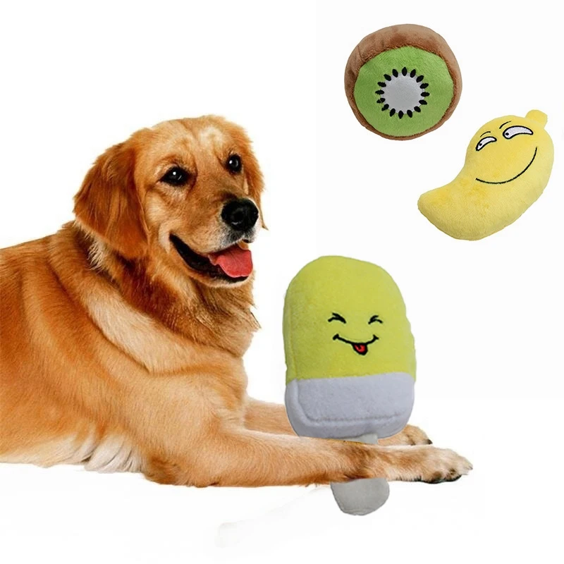 

1pcs Squeaky Sound Dog Chew Toy Fruit Vegetable Toy for Puppy Cat Pets Plush Watermelon Kiwi Bread Mango Fruit Shape Molar Tools