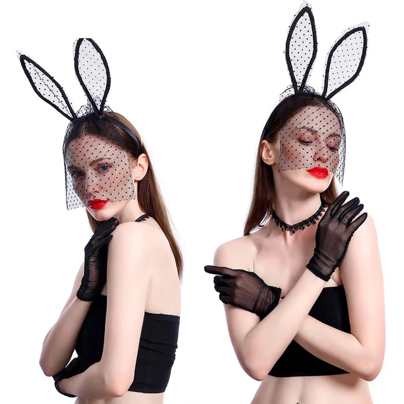 Nuova fascia per capelli con orecchie di coniglio in pizzo nero con velo accessori per fascia per feste di Halloween Fancy Party Costume copricapo Bunny Ear  66