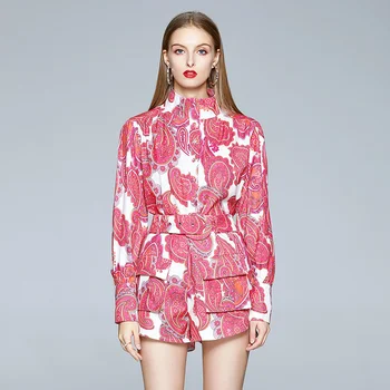 

Runway Retro Print Holiday Shorts Set Women Stand Lantern Sleeve Shirts Blouses + Pocket Belt Mini Pant Set Female 2 Piece Set