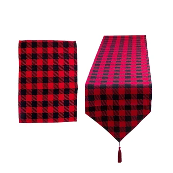 

Christmas Dining Table Flag Reusable Black Red Grid Table Runner Cup Mats Table Protective Cushions Creative Home Decoration