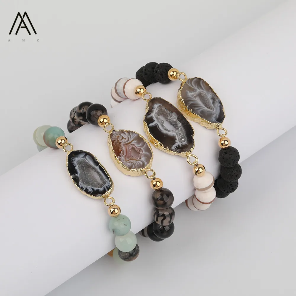Boho Druzy наскальный Агат Камень эластичный браслет, Amazon Stone Круглые бусины кулон браслет ювелирные изделия Для женщин Крафтовая Подарочная N0034AMAB