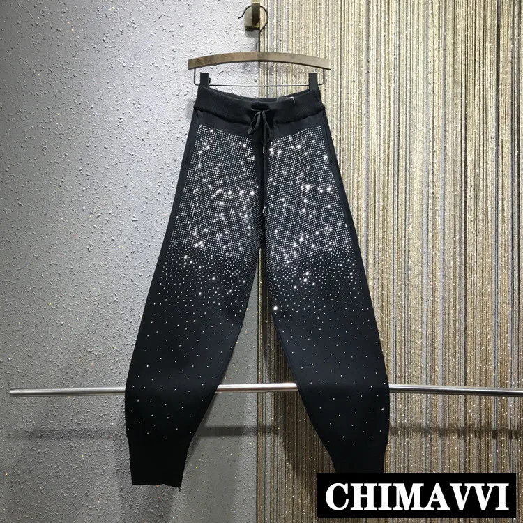 

European 2019 Autumn New Women's Knitted Leisure Pants Ironing Drill Elastic Waist Loose Harem Pants Female Trousers