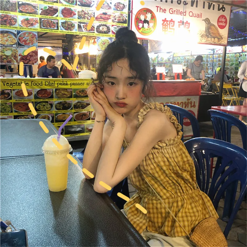 Lychee Девушки Сладкий Деревянный уха цветной блок летний женский Топ плед с открытыми плечами женские топы без рукавов женский плащ