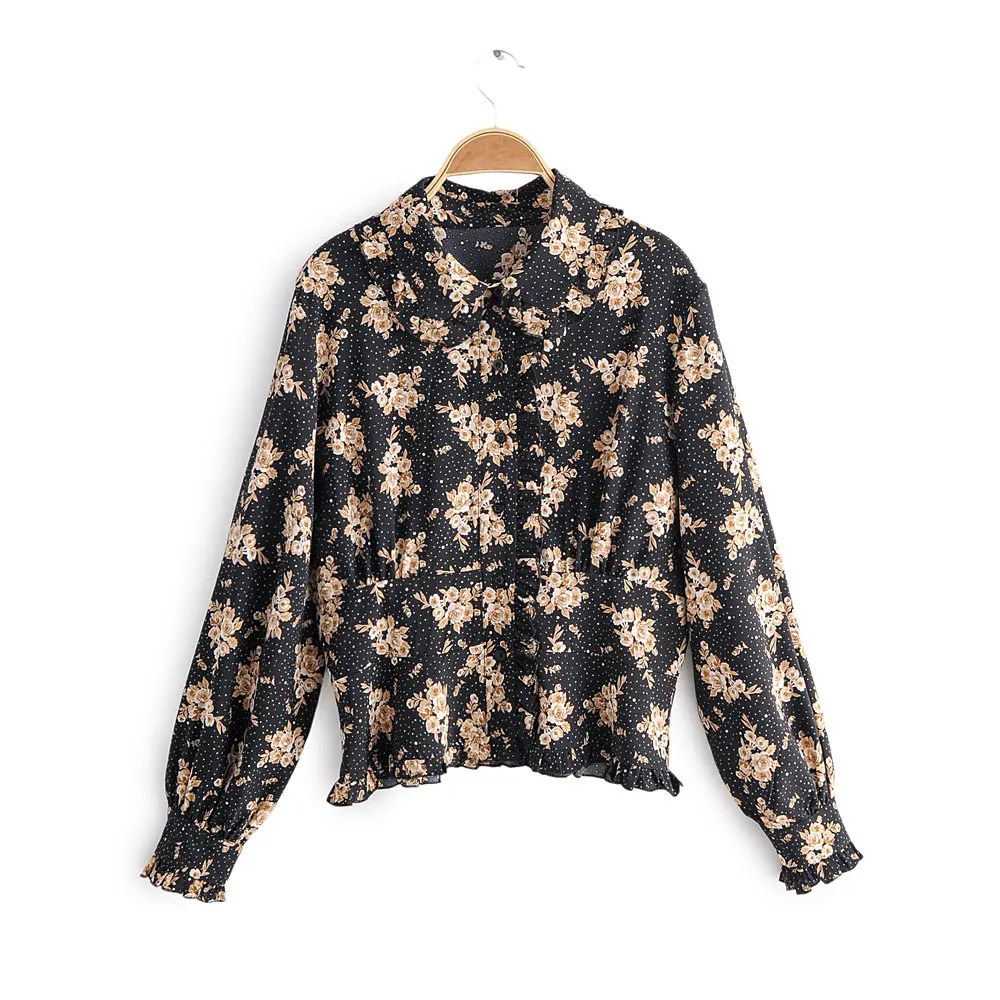 

women vintage agaric lace turn down collar floral print casual business blouse female long sleeve shirts chic blusas tops LS6217