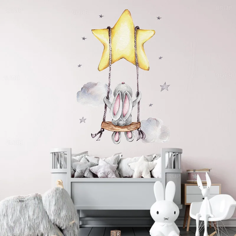 Bunny Baby Nursery Wall Stickers Cartoon Rabbit Swing on the Stars Wall Decals for Kids