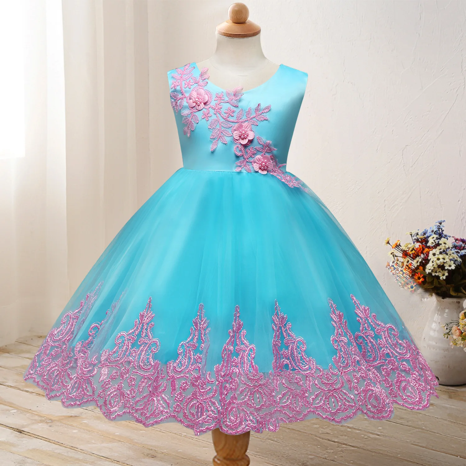 

New Style Girls Bow Princess Skirt Birthday Party Children Wedding Dress Princess Puffy Dress