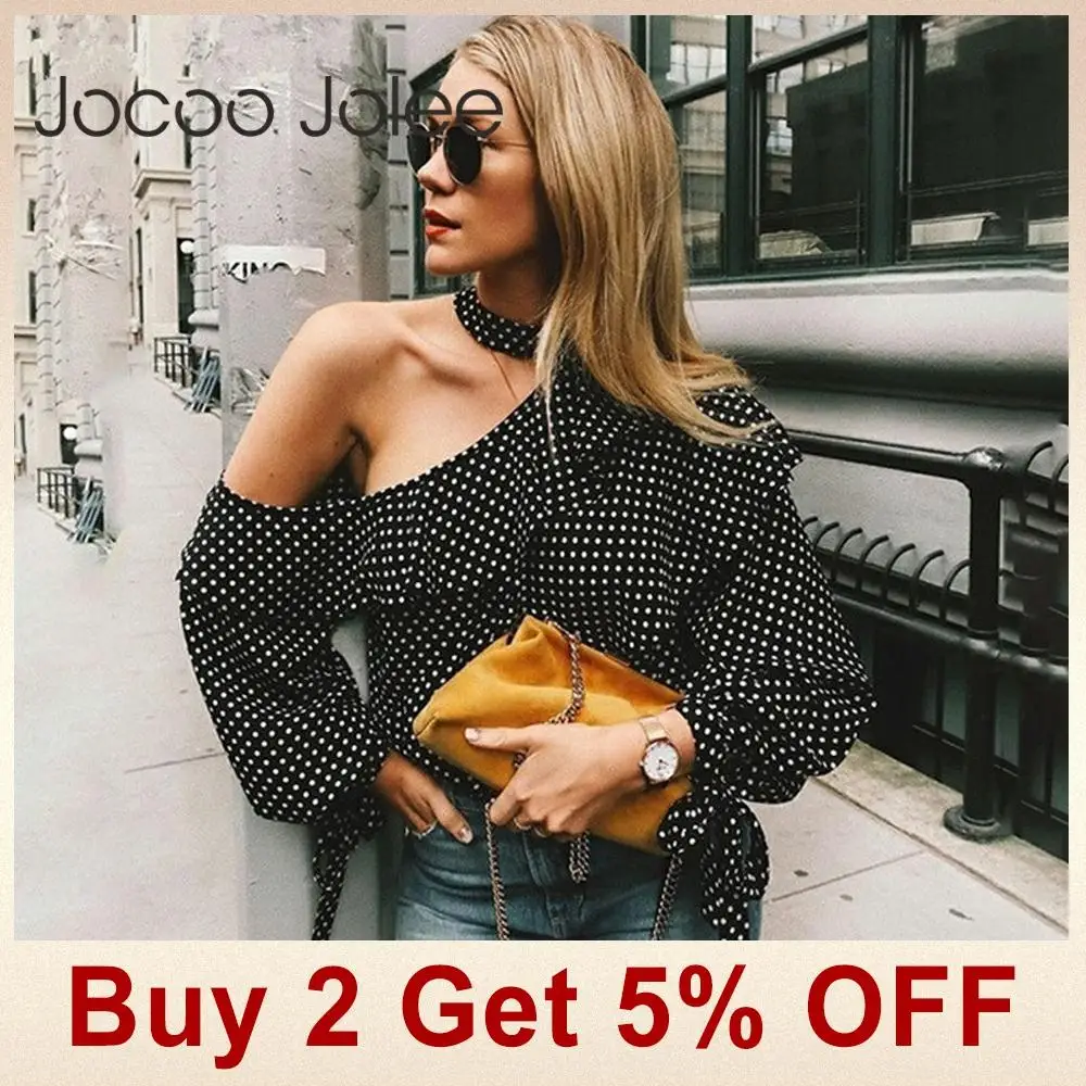 Jocoo Jolee блуза в горошек на одно плечо, рубашка в стиле ретро, шифоновая блузка с рюшами и рукавом-фонариком, сексуальная женская летняя блузка с бантом
