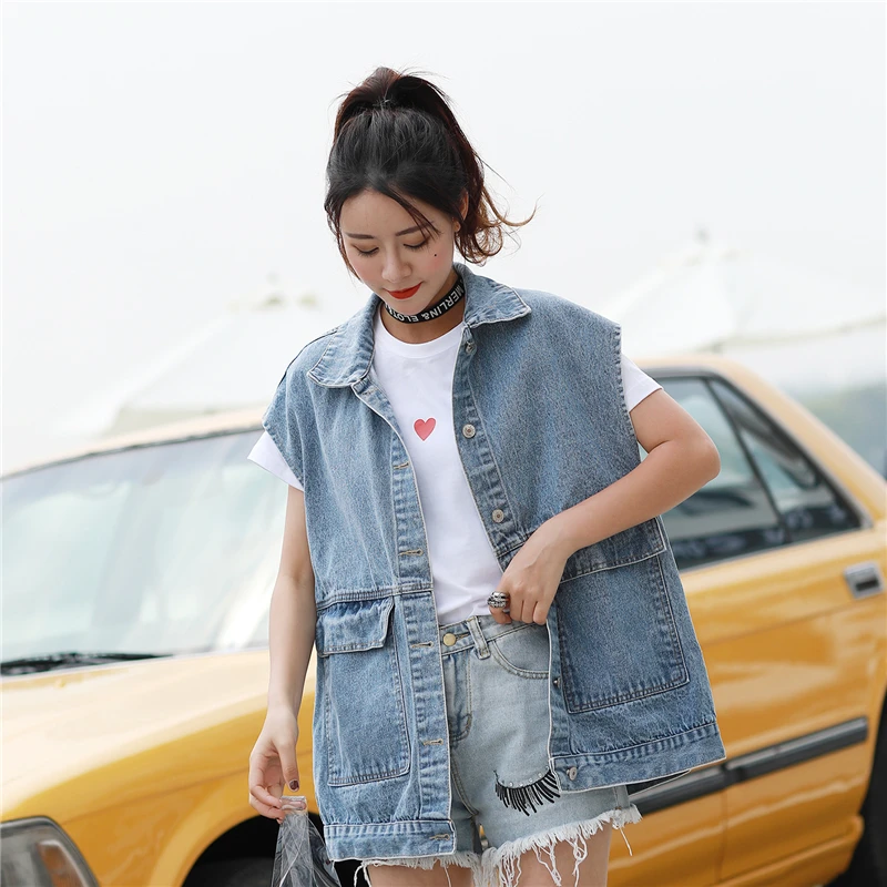 Жилет женский Harajuku уличная мода джинсовые жилеты свободные Осенние новые повседневные пальто без рукавов однобортные винтажные женские