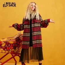 ELFSACK клетчатое прямое однобортное контрастное Сетчатое шерстяное пальто для женщин осенне-зимняя повседневная женская верхняя одежда с рукавами-фонариками