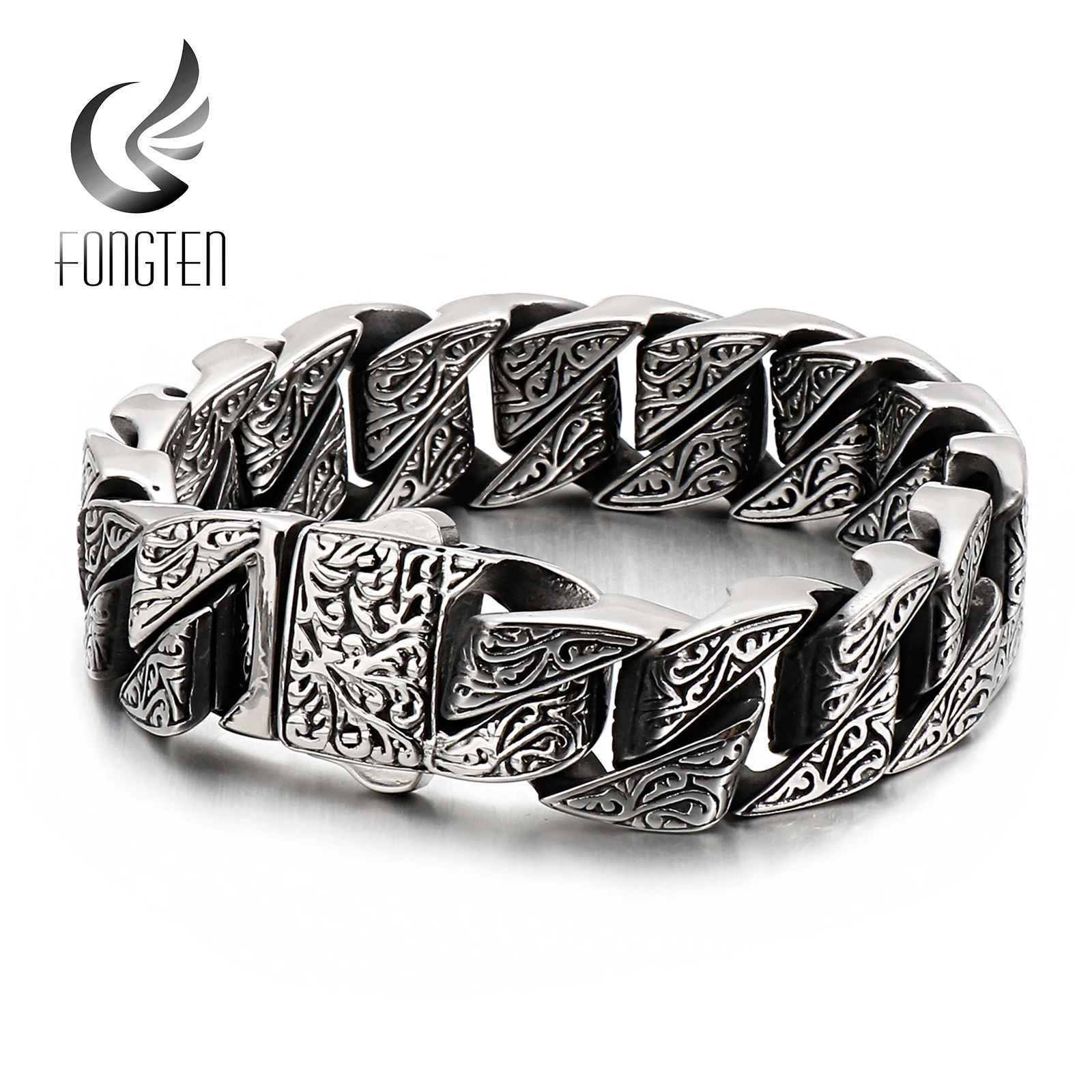 Fongten Vintage Style Bracelet Men’s Unique Carving Cuban Link Chain Stainless Steel Men Bracelets Bangle Fashion Jewelry