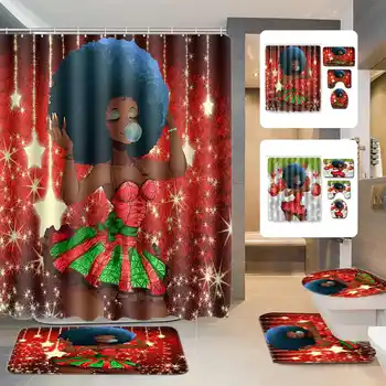 

Christmas women Pattern Waterproof Print Shower Curtain 4 Piece Carpet Cover Toilet Cover Bath Mat Pad Set Bathroom Curtain