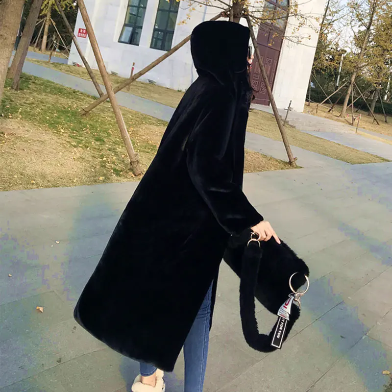 Зимнее женское плотное теплое пальто с капюшоном из искусственного меха норки пальто свободного размера плюс длинное пальто из искусственного меха Верхняя одежда 354