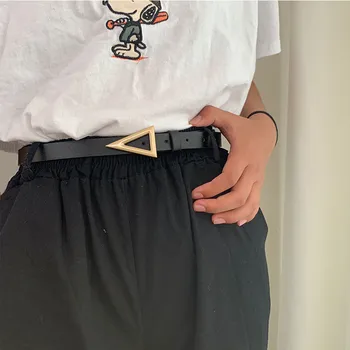 

Women Belts Luxury Brand Thin Triangle Gold Buckle PU Leather Strap Jeans Trousers Casual Black Ladie Female 100cm Waistband