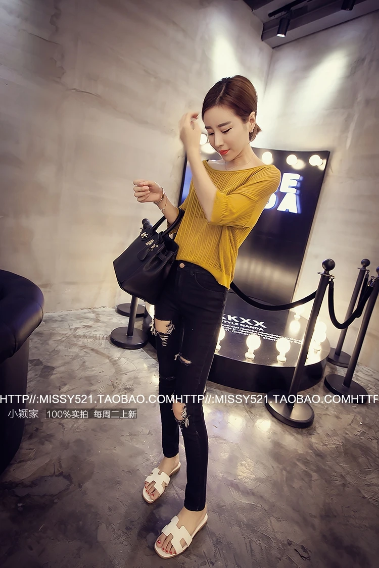 Spring And Summer Hot Selling Western Style Slim Fit Slimming Knee with Holes Jeans Students Women's Skinny Pants Trousers
